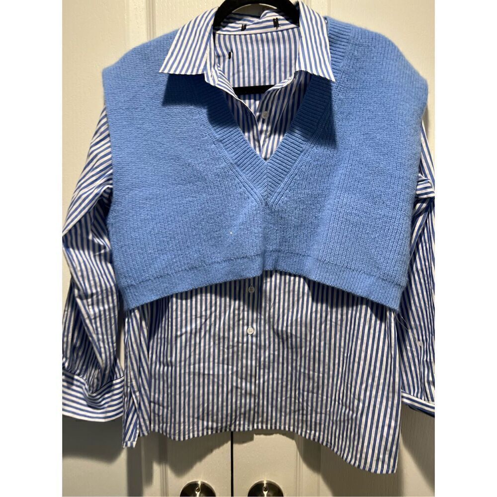 combo shirt featuring a basic collar, long sleeves, and sweater vest size S - Picture 4 of 5